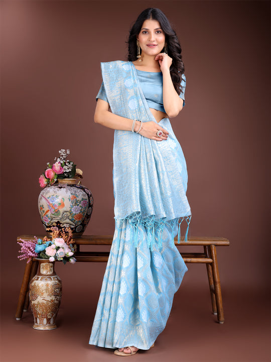 Sky Blue Cotton Saree With Blouse Piece