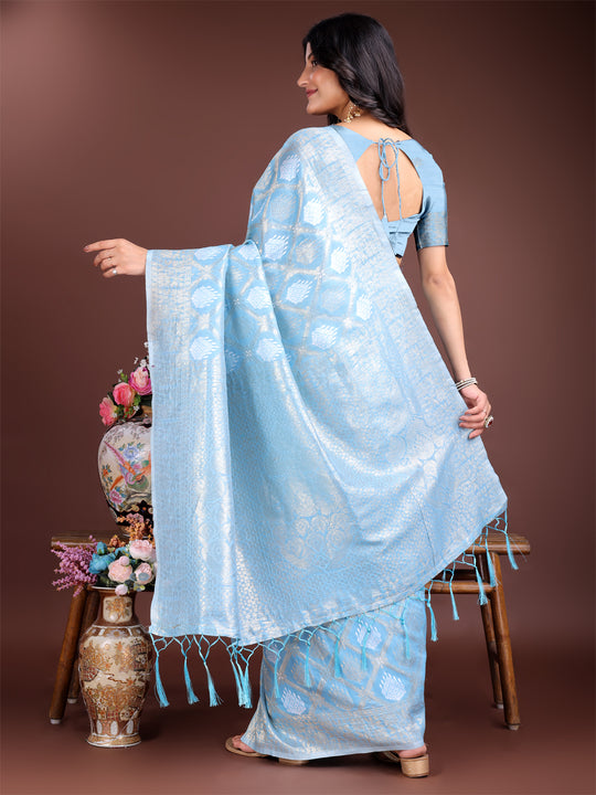 Sky Blue Cotton Saree With Blouse Piece