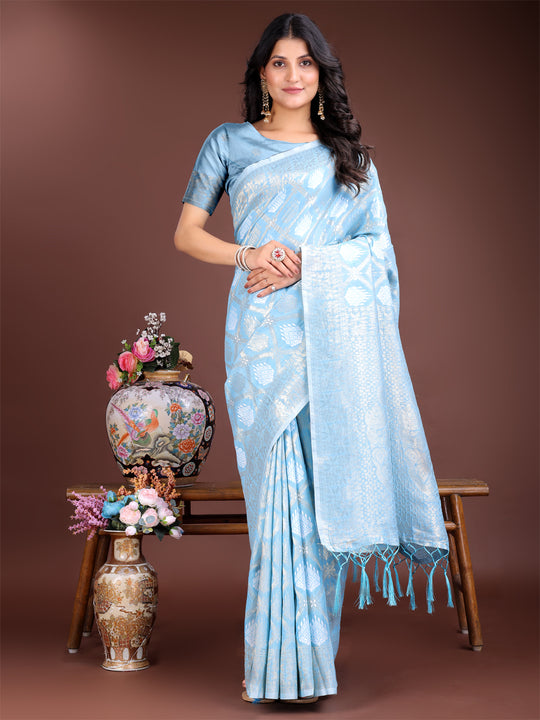 Sky Blue Cotton Saree With Blouse Piece