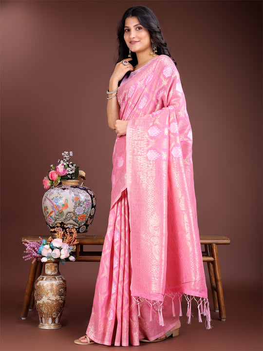 Pink Cotton Saree With Blouse Piece