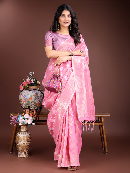 Pink Cotton Saree With Blouse Piece
