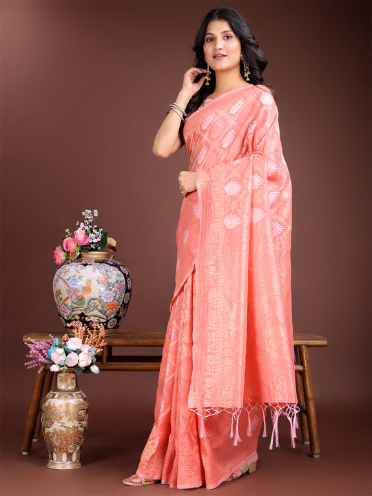 Peach Cotton Saree With Blouse Piece