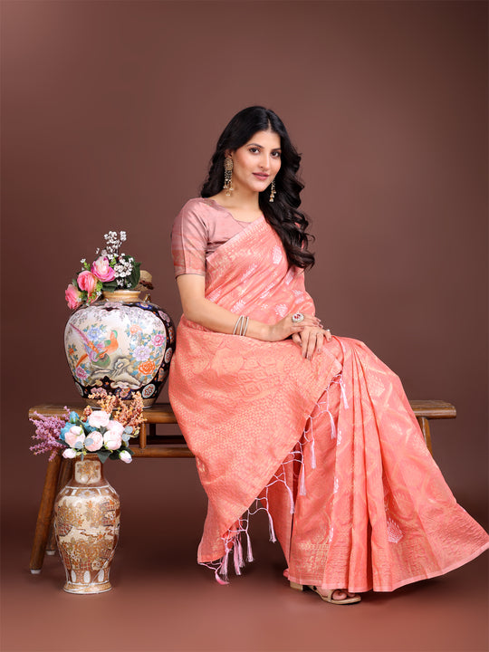 Peach Cotton Saree With Blouse Piece