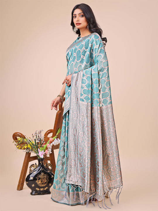 Teal Linen Cotton Saree With Blouse Piece