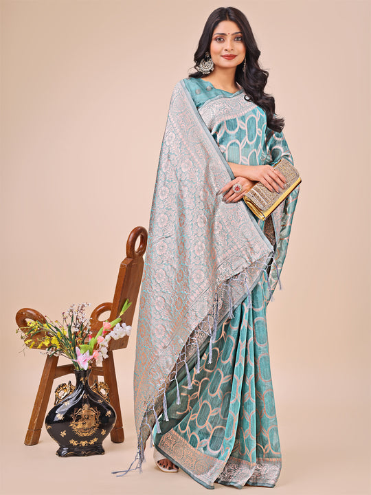 Teal Linen Cotton Saree With Blouse Piece