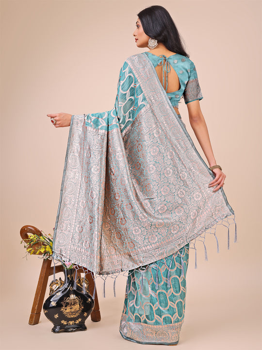 Teal Linen Cotton Saree With Blouse Piece