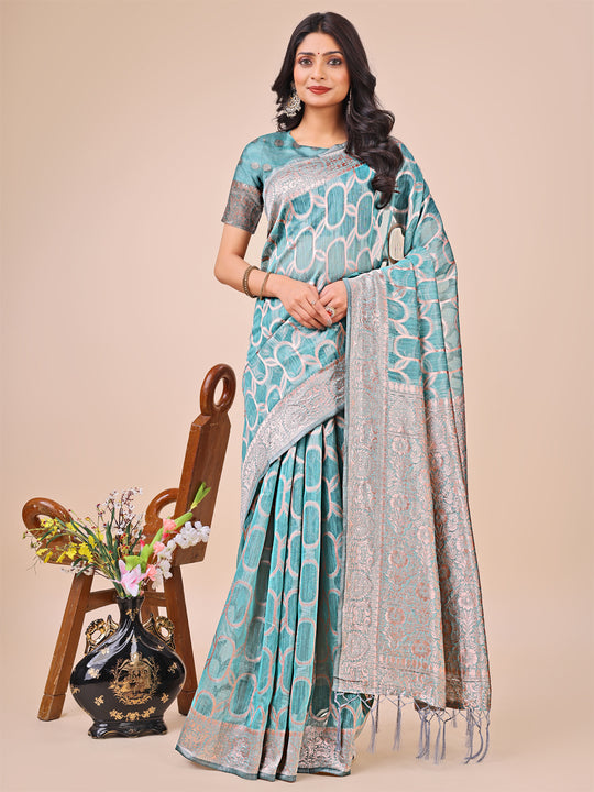 Teal Linen Cotton Saree With Blouse Piece