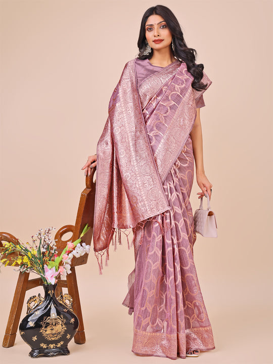 Purple Linen Cotton Saree With Blouse Piece