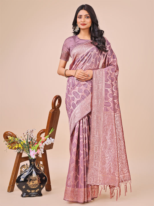 Purple Linen Cotton Saree With Blouse Piece