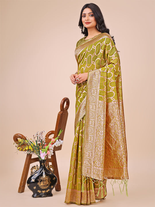 Olive Green Linen Cotton Saree With Blouse Piece