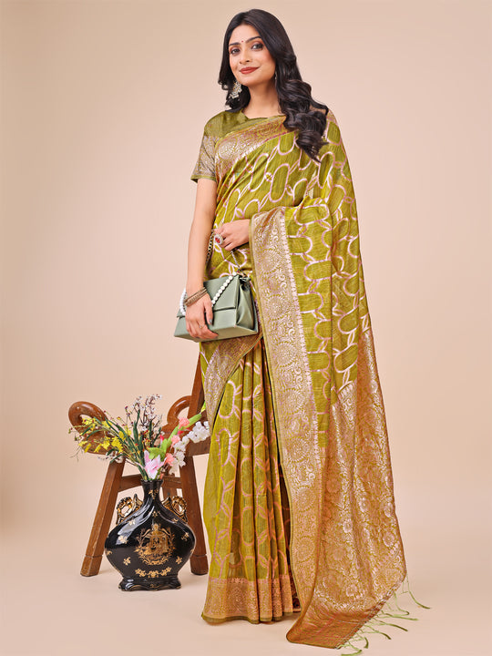 Olive Green Linen Cotton Saree With Blouse Piece