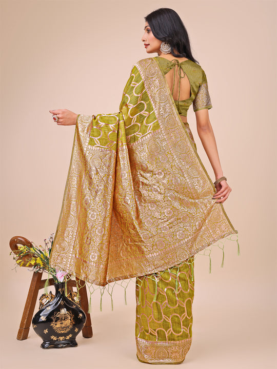 Olive Green Linen Cotton Saree With Blouse Piece
