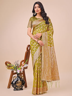 Olive Green Linen Cotton Saree With Blouse Piece