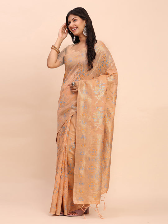 Orange Linen Cotton Saree With Blouse Piece