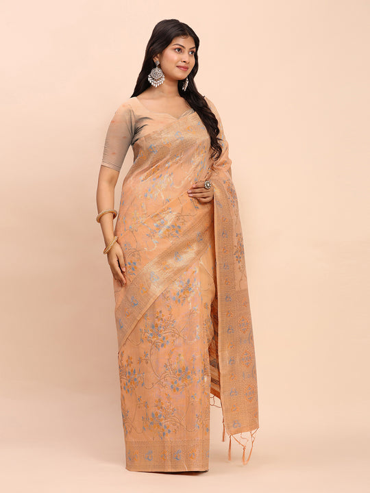 Orange Linen Cotton Saree With Blouse Piece