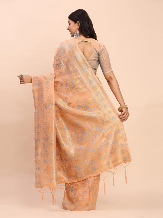 Orange Linen Cotton Saree With Blouse Piece