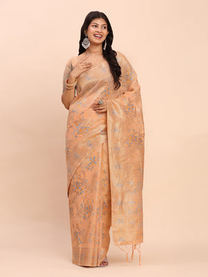 Orange Linen Cotton Saree With Blouse Piece