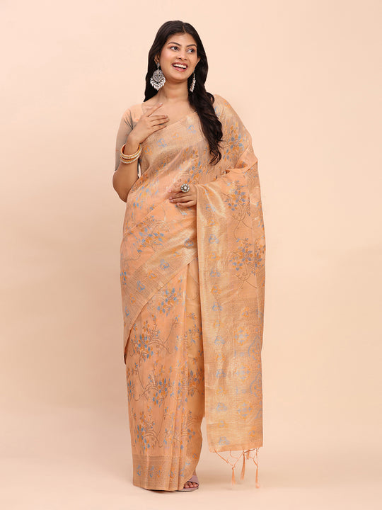 Orange Linen Cotton Saree With Blouse Piece
