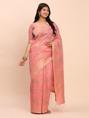 Peach Linen Cotton Saree With Blouse Piece