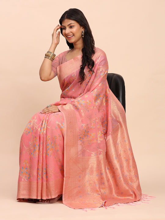 Peach Linen Cotton Saree With Blouse Piece