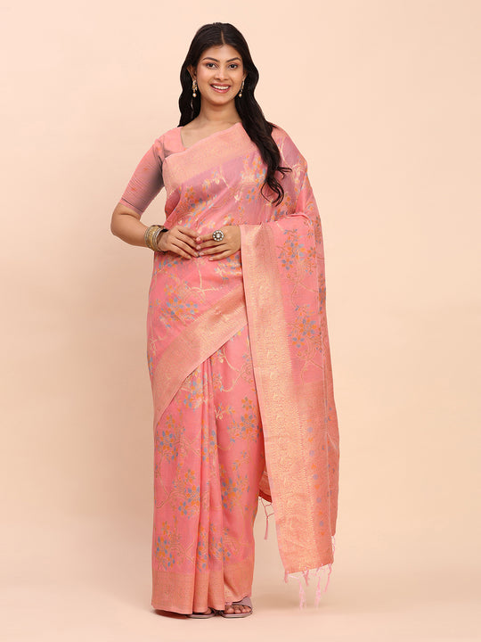 Peach Linen Cotton Saree With Blouse Piece