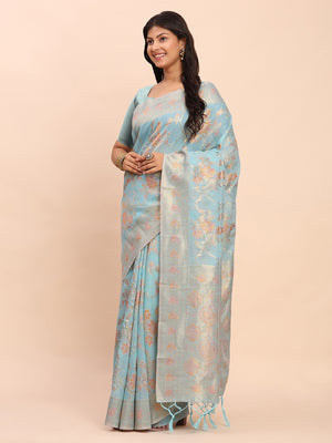 Sky Blue Linen Cotton Saree With Blouse Piece