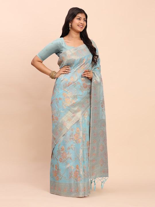 Sky Blue Linen Cotton Saree With Blouse Piece