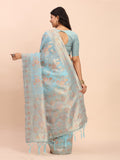 Sky Blue Linen Cotton Saree With Blouse Piece