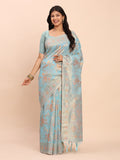 Sky Blue Linen Cotton Saree With Blouse Piece