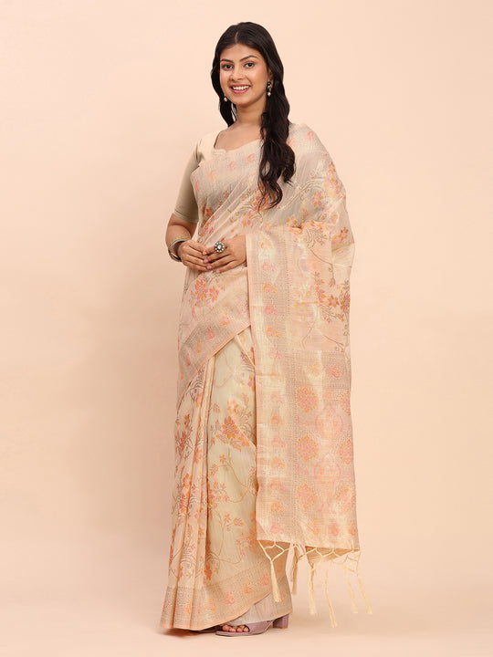 Off White Linen Cotton Saree With Blouse Piece