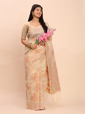 Off White Linen Cotton Saree With Blouse Piece