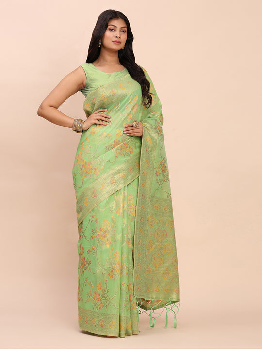 Green Linen Cotton Saree With Blouse Piece