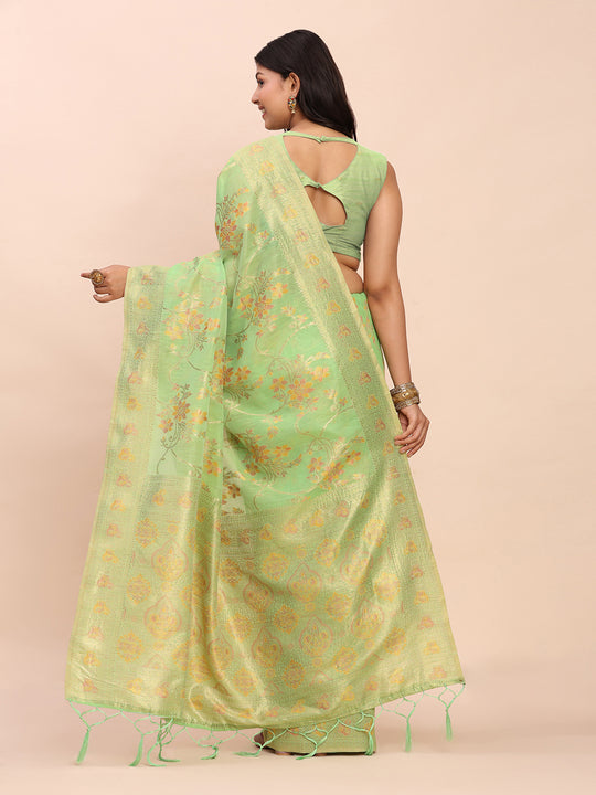 Green Linen Cotton Saree With Blouse Piece