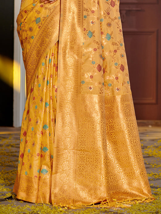 Yellow Banarasi Silk Saree With Blouse Piece