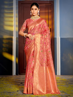Peach Banarasi Silk Saree With Blouse Piece
