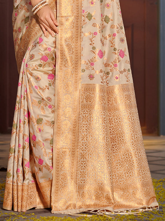 White Banarasi Silk Saree With Blouse Piece