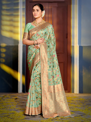 Sea Green Banarasi Silk Saree With Blouse Piece