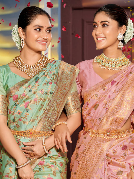 Sea Green Banarasi Silk Saree With Blouse Piece