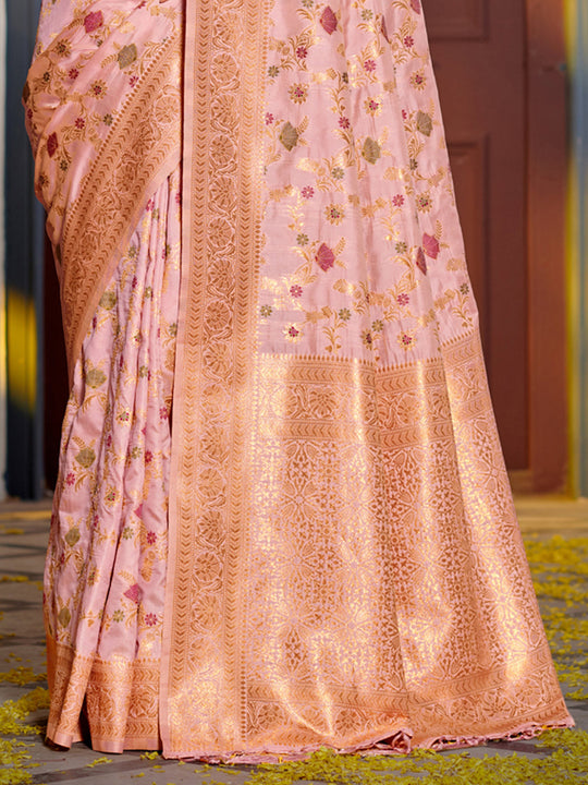 Pink Banarasi Silk Saree With Blouse Piece