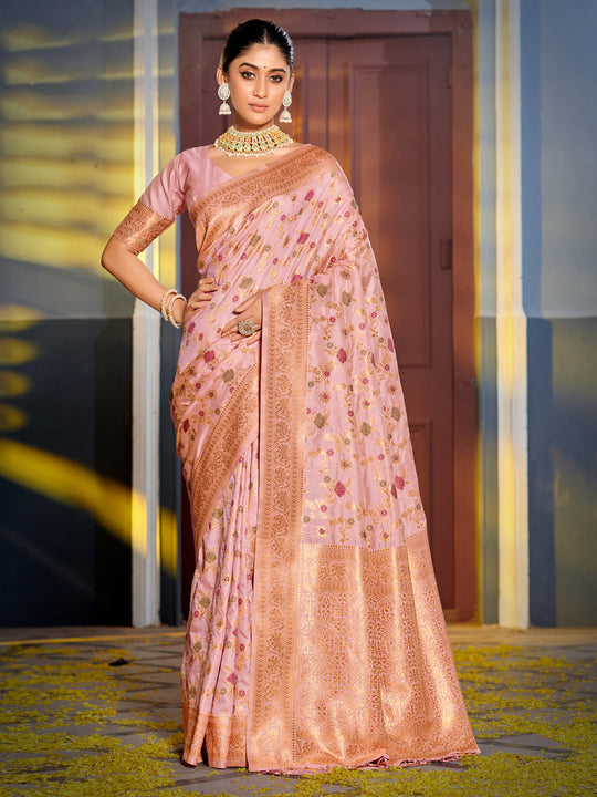 Pink Banarasi Silk Saree With Blouse Piece