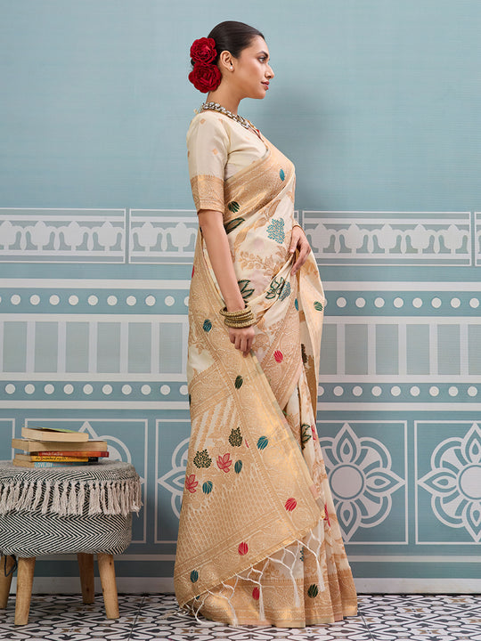 Cream Silk Saree With Blouse Piece