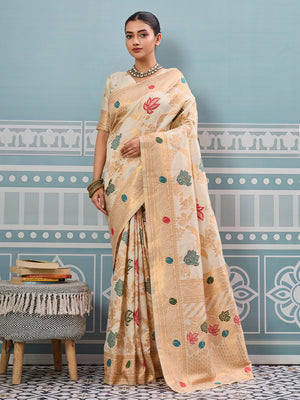 Cream Silk Saree With Blouse Piece