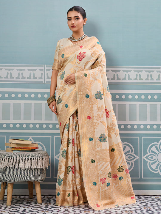 Cream Silk Saree With Blouse Piece