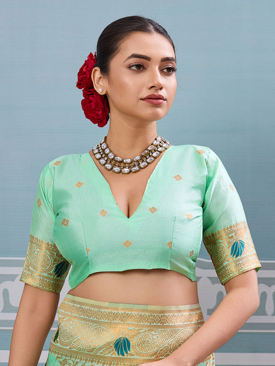 Pista Silk Saree With Blouse Piece