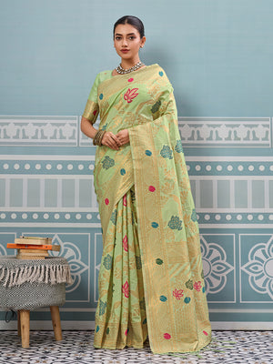 Sea Green Silk Saree With Blouse Piece
