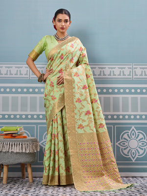 Sea Green Silk Saree With Blouse Piece