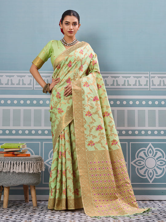 Sea Green Silk Saree With Blouse Piece