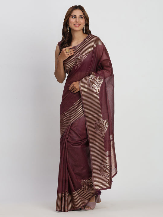 Purple TAARINI Linen Cotton Saree with Blouse Piece