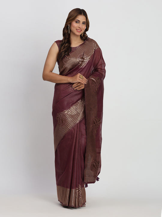 Purple TAARINI Linen Cotton Saree with Blouse Piece