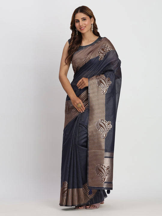 Navy Blue TAARINI Linen Cotton Saree with Blouse Piece